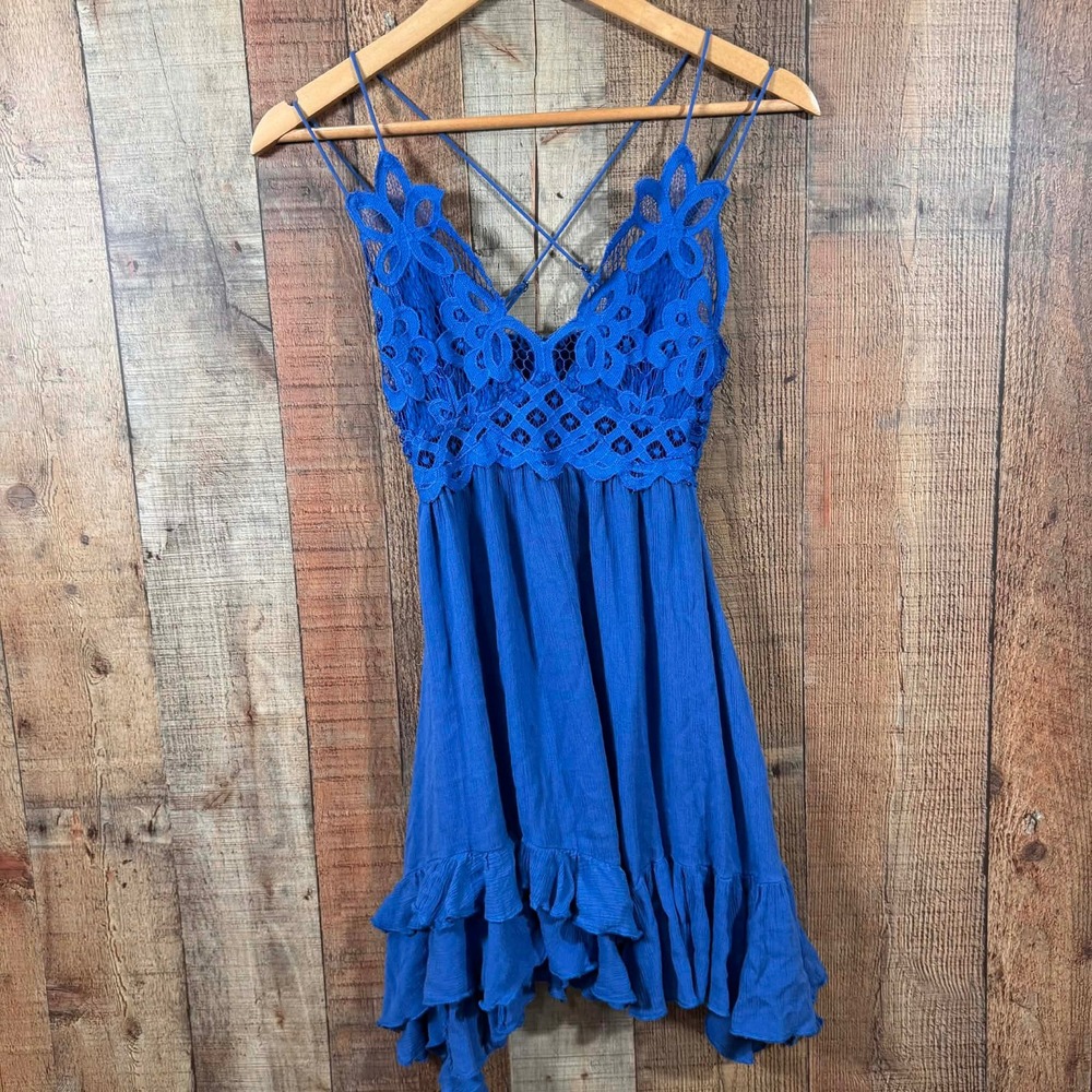 Free People FP One Blue Lace Crochet Strappy Mini Dress Boho Festival Small